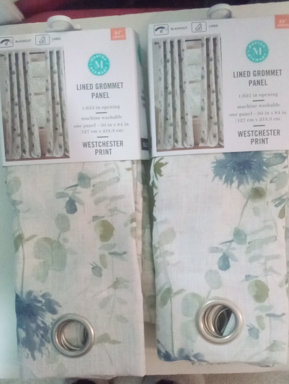 2 Martha Stewart Lined Grommet Panel Curtain Blue & Green Floral 84" NWT $190